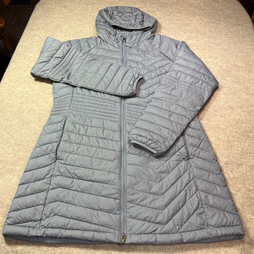 Columbia Omni-Heat Hooded Puffer Jacket Womens XL Blue Gray Quilted Parka Coat